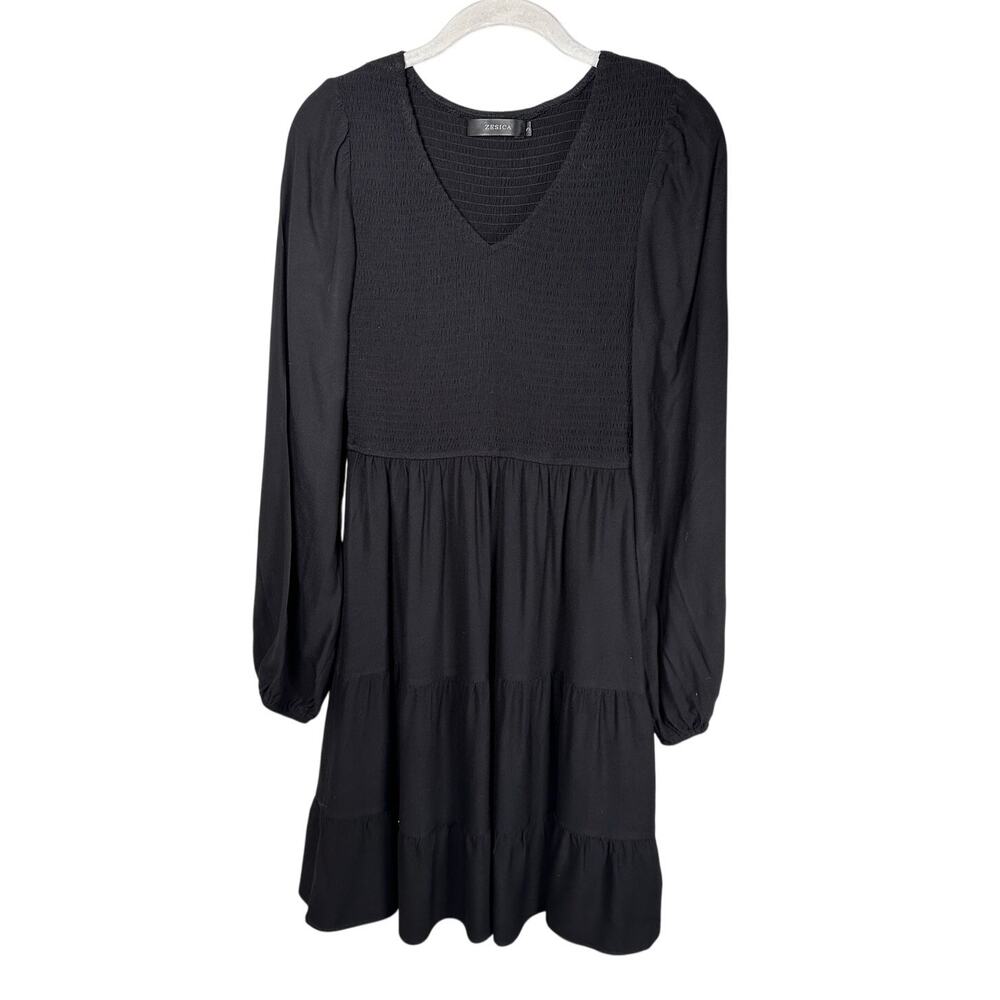 Zesica Black V Neck Long Sleeve Tiered Smocked Babydoll Mini Dress Womens Small